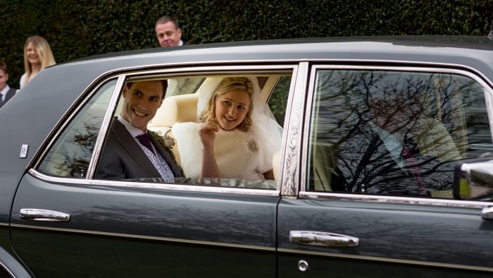 Bride and Groom, Danielle and Alex, in the Rolls-Royce Flying Spur