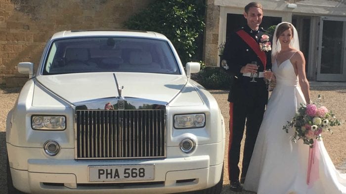 Anna and Andy with the Rolls-Royce Phantom white wedding car
