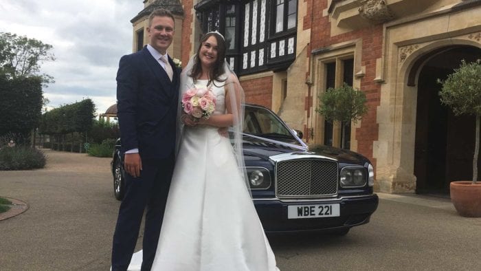 Hannah and Matt with the Bentley Arnage wedding car in Blue
