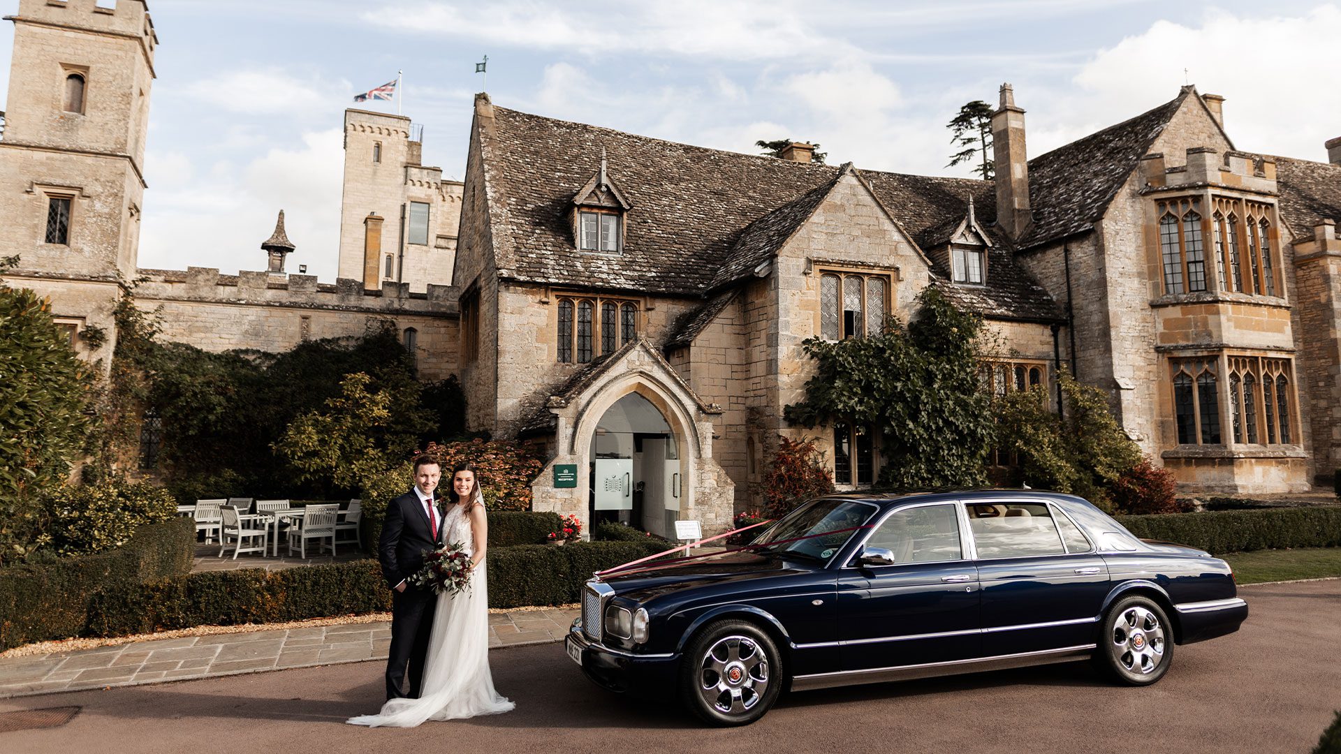 Bride and groom, Clare and Jonny, with the Bentley Arnage Wedding Car at Ellenbourgh Park Hotel