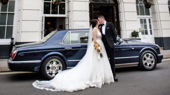 Charlie and Sam with the Bentley Arnage wedding car at the Queen's Hotel, Cheltenham